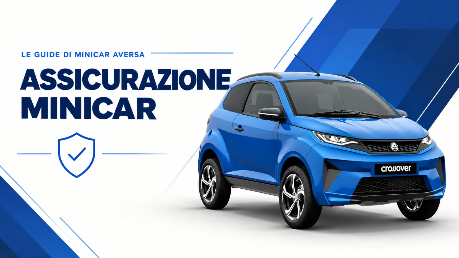 Copertina della guida all’assicurazione minicar con una Aixam Crossover blu e uno scudo